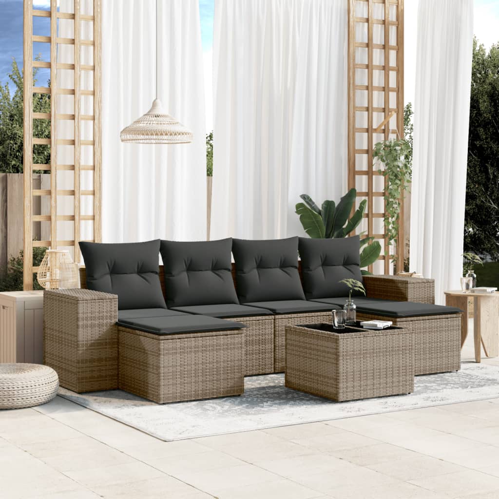 vidaXL 7-tlg. Garten-Sofagarnitur mit Kissen Grau Poly Rattan