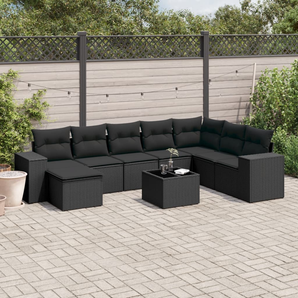 vidaXL 9-tlg. Garten-Sofagarnitur mit Kissen Schwarz Poly Rattan