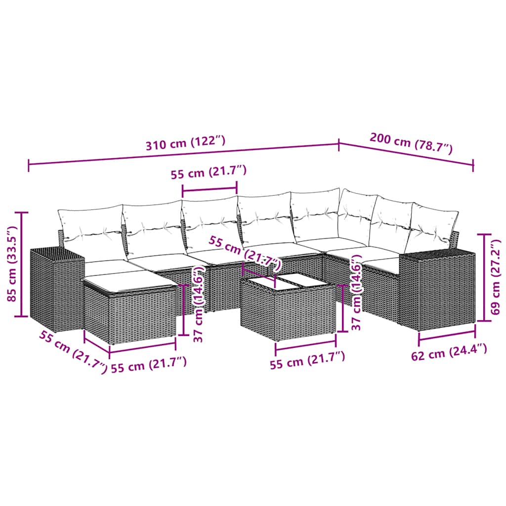 Set mobilier de grădină cu perne, 9 piese, negru, poliratan 3255303 - imagine 3