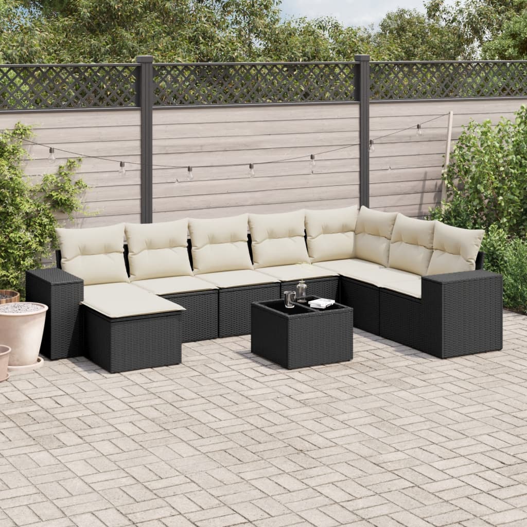 9-tlg. Garten-Sofagarnitur mit Kissen Schwarz Poly Rattan