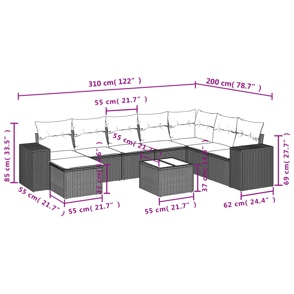 Thumbnail - vidaXL 9-tlg. Garten-Sofagarnitur mit Kissen Beige Poly Rattan