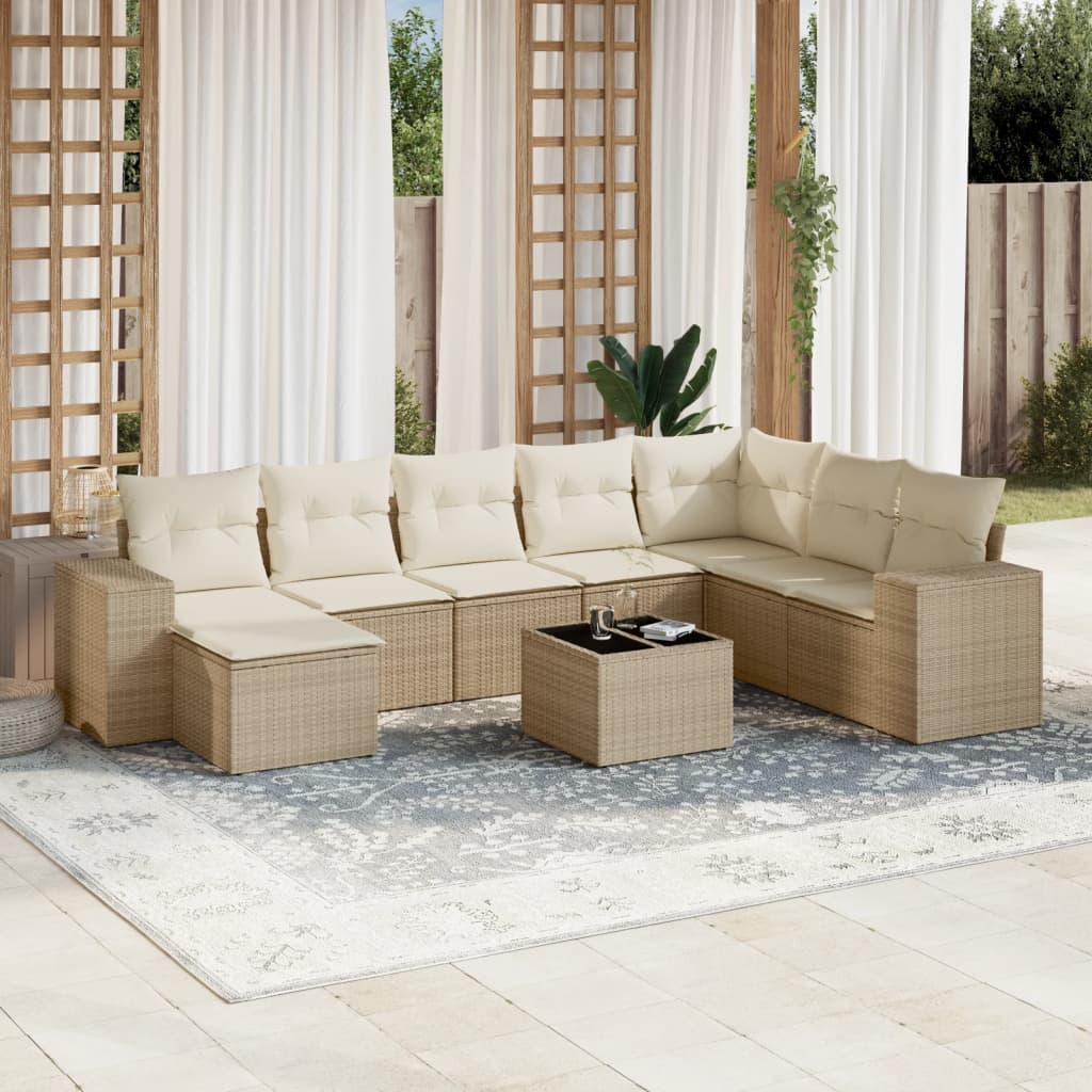 9-tlg. Garten-Sofagarnitur mit Kissen Beige Poly Rattan