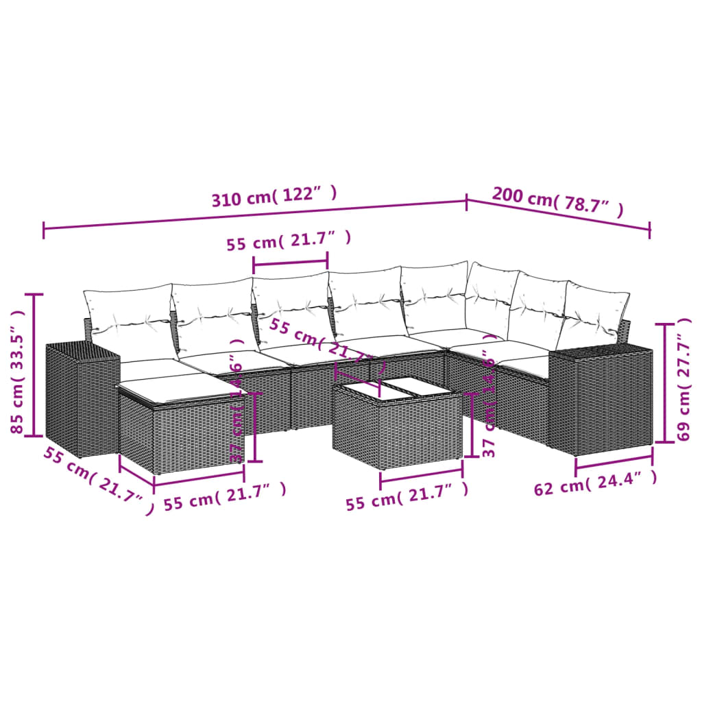 Thumbnail - vidaXL 9-tlg. Garten-Sofagarnitur mit Kissen Beige Poly Rattan