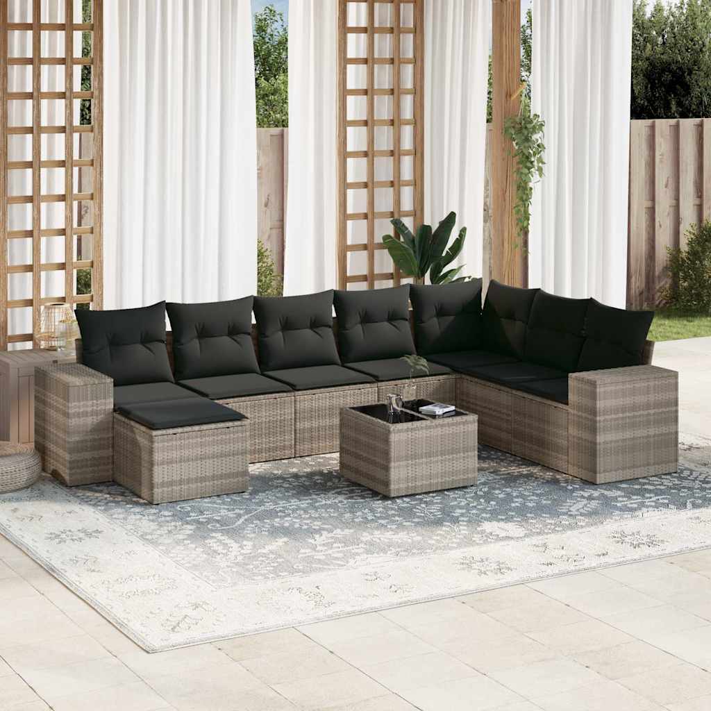 vidaXL 9-tlg. Garten-Sofagarnitur mit Kissen Hellgrau Poly Rattan