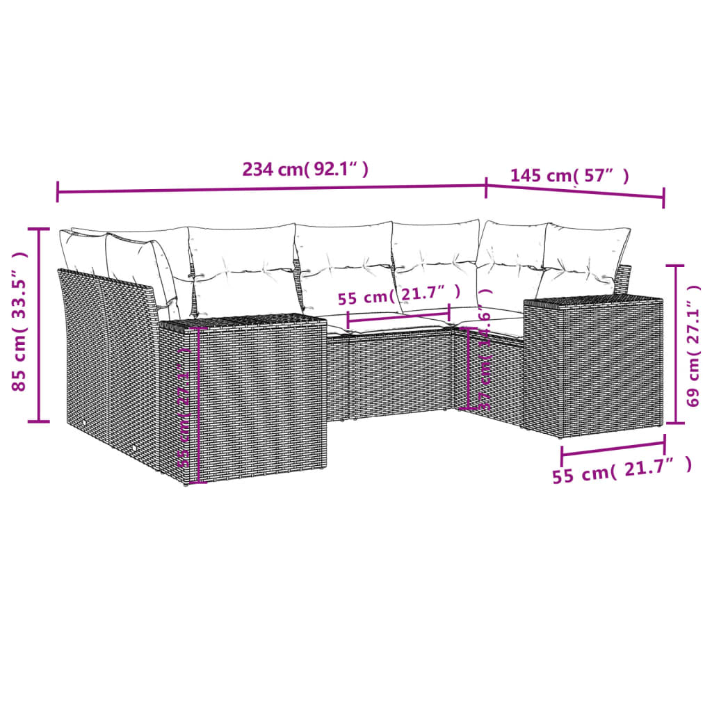 vidaXL 6-delige Loungeset met kussens poly rattan bruin