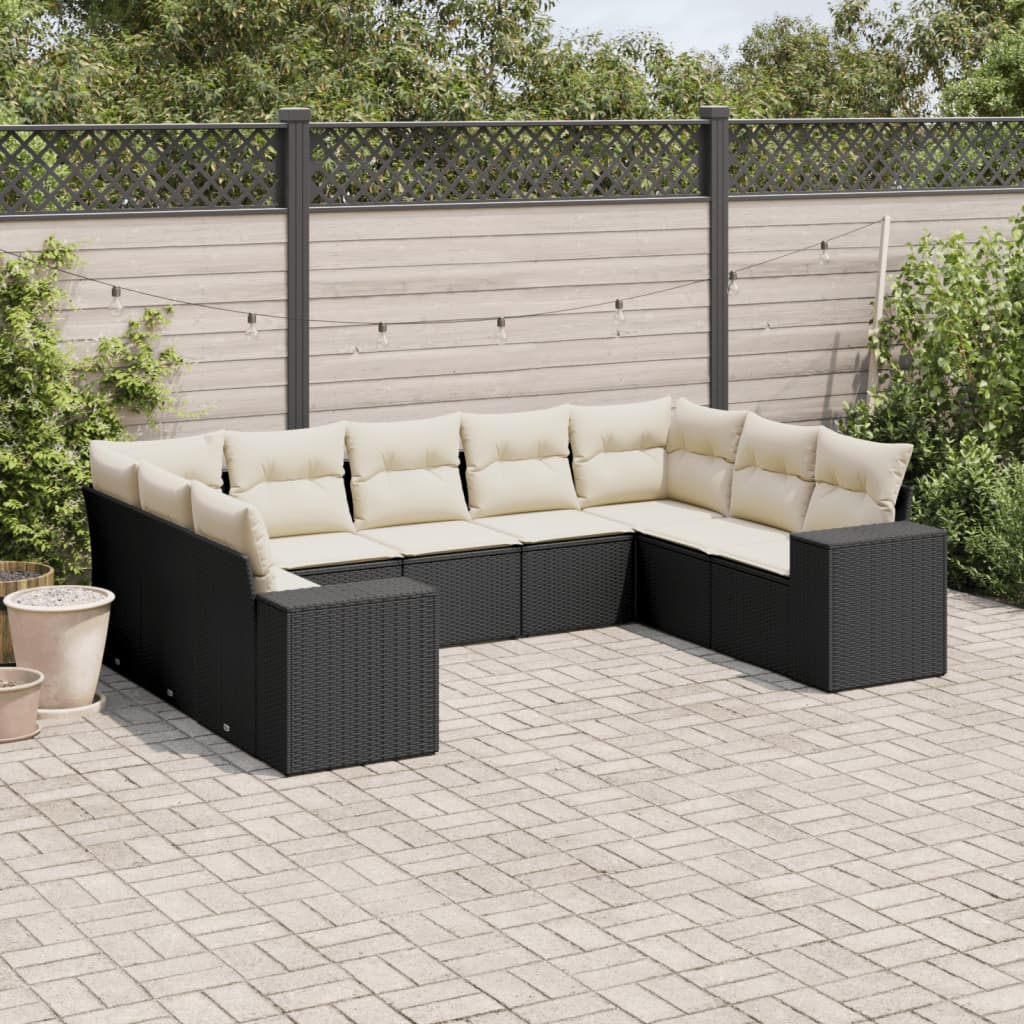 vidaXL 9-tlg. Garten-Sofagarnitur mit Kissen Schwarz Poly Rattan