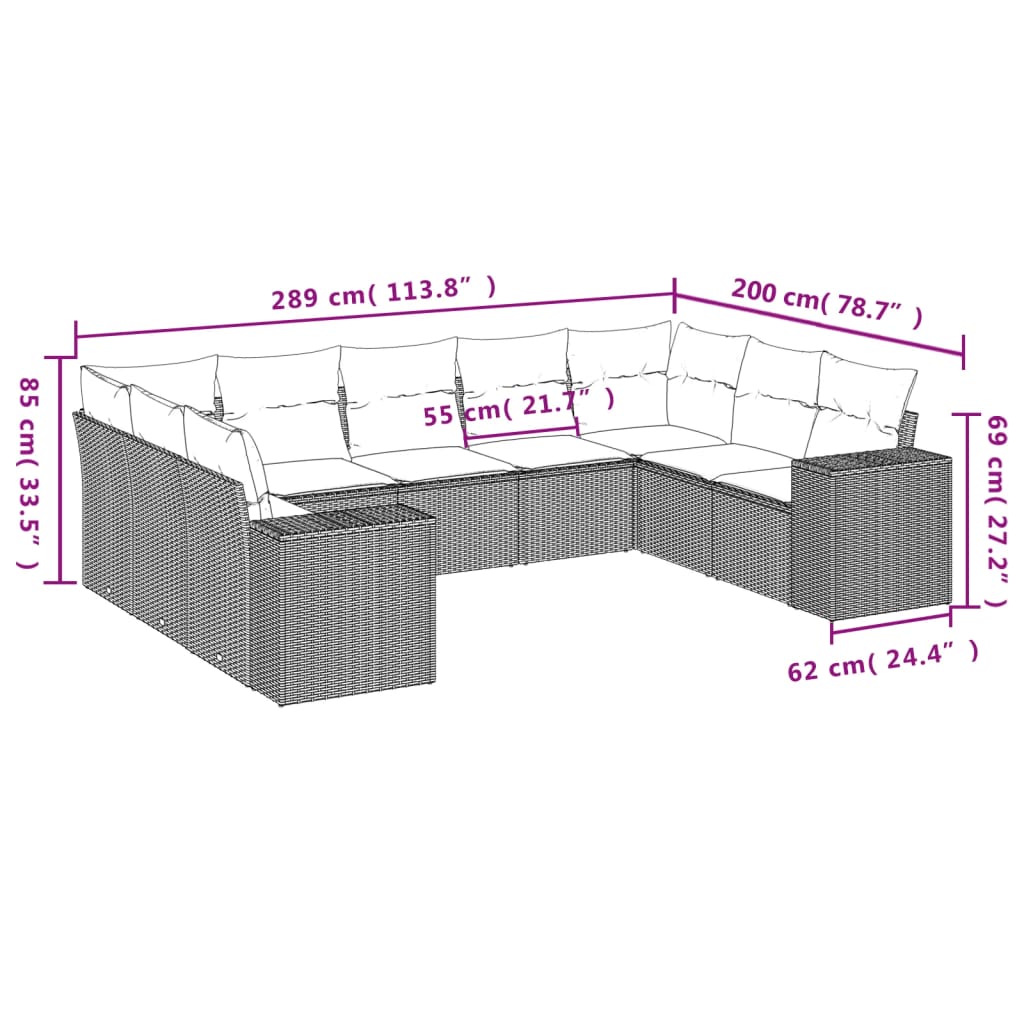 vidaXL 9-delige Loungeset met kussens poly rattan beige afbeelding