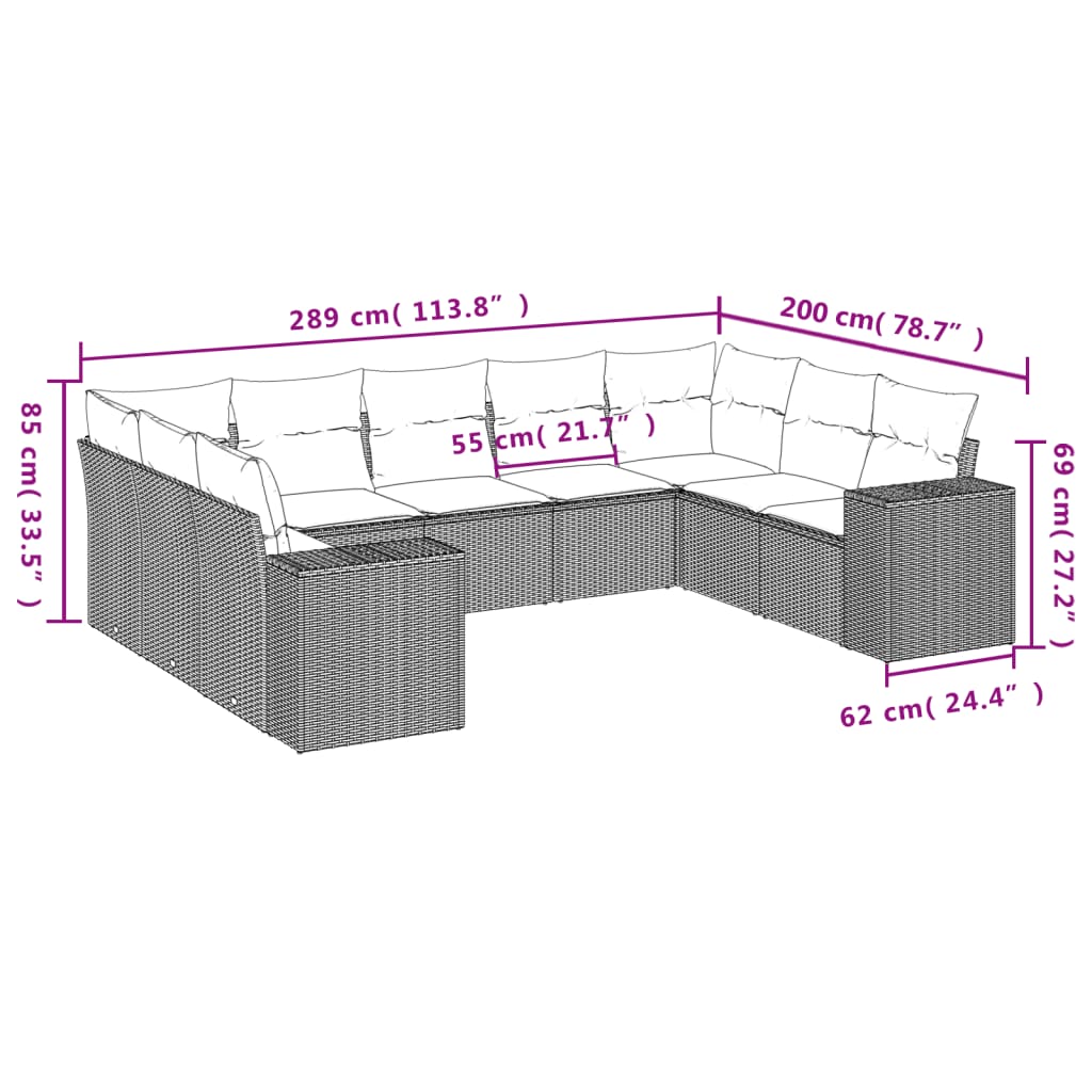 vidaXL 9-delige Loungeset met kussens poly rattan bruin