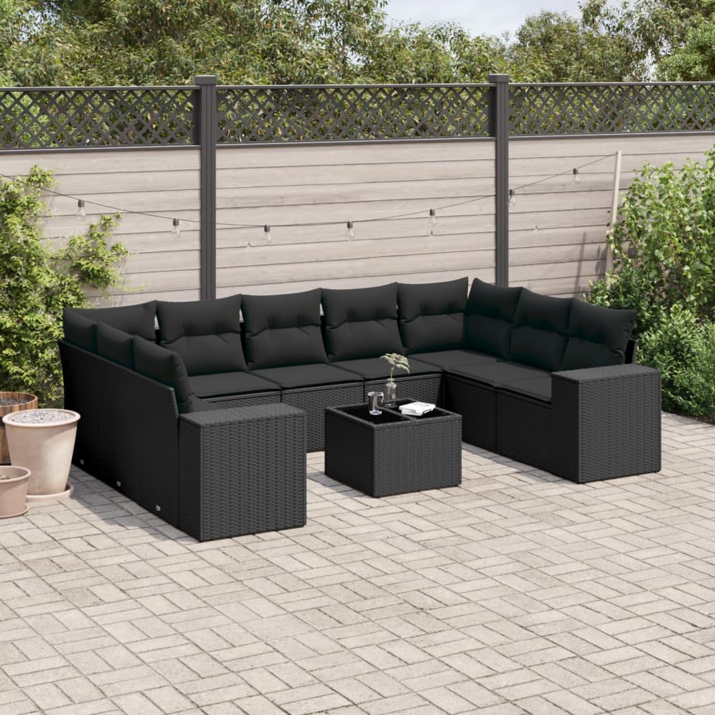 vidaXL 10-tlg. Garten-Sofagarnitur mit Kissen Schwarz Poly Rattan