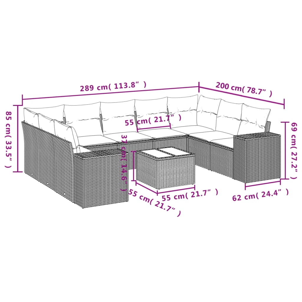 vidaXL 10-delige Loungeset met kussens poly rattan grijs