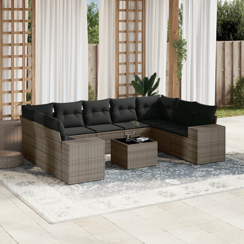 vidaXL Set mobilier de grădină cu perne, 10 piese, gri, poliratan