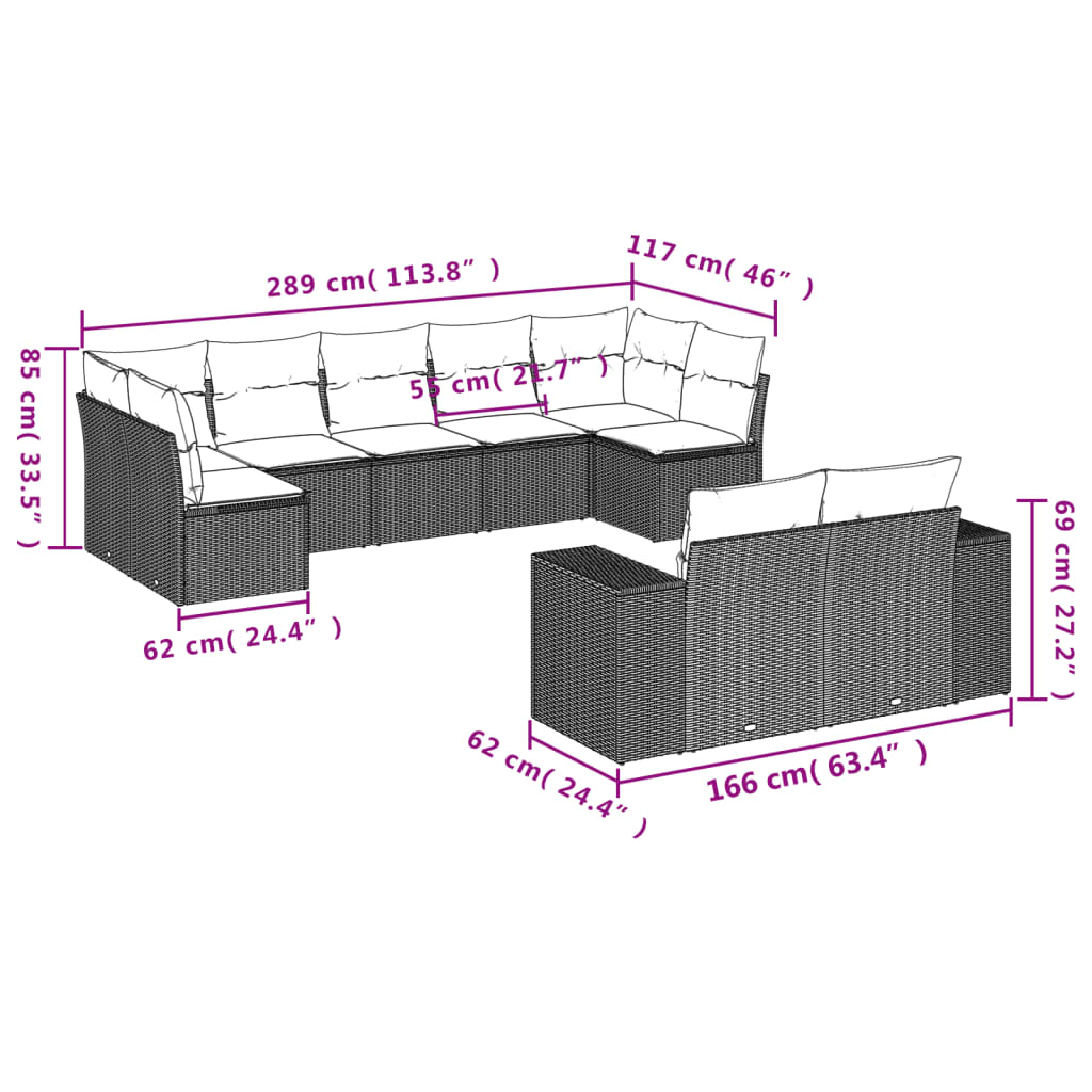 Set mobilier de grădină cu perne, 9 piese, negru, poliratan 3255352 - imagine 3