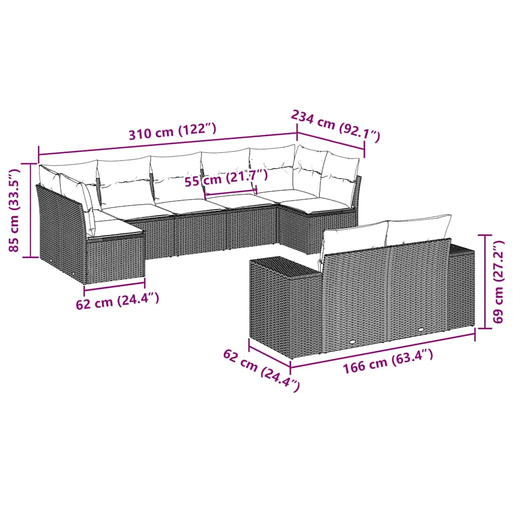 vidaXL 9-delige Loungeset met kussens poly rattan zwart afbeelding