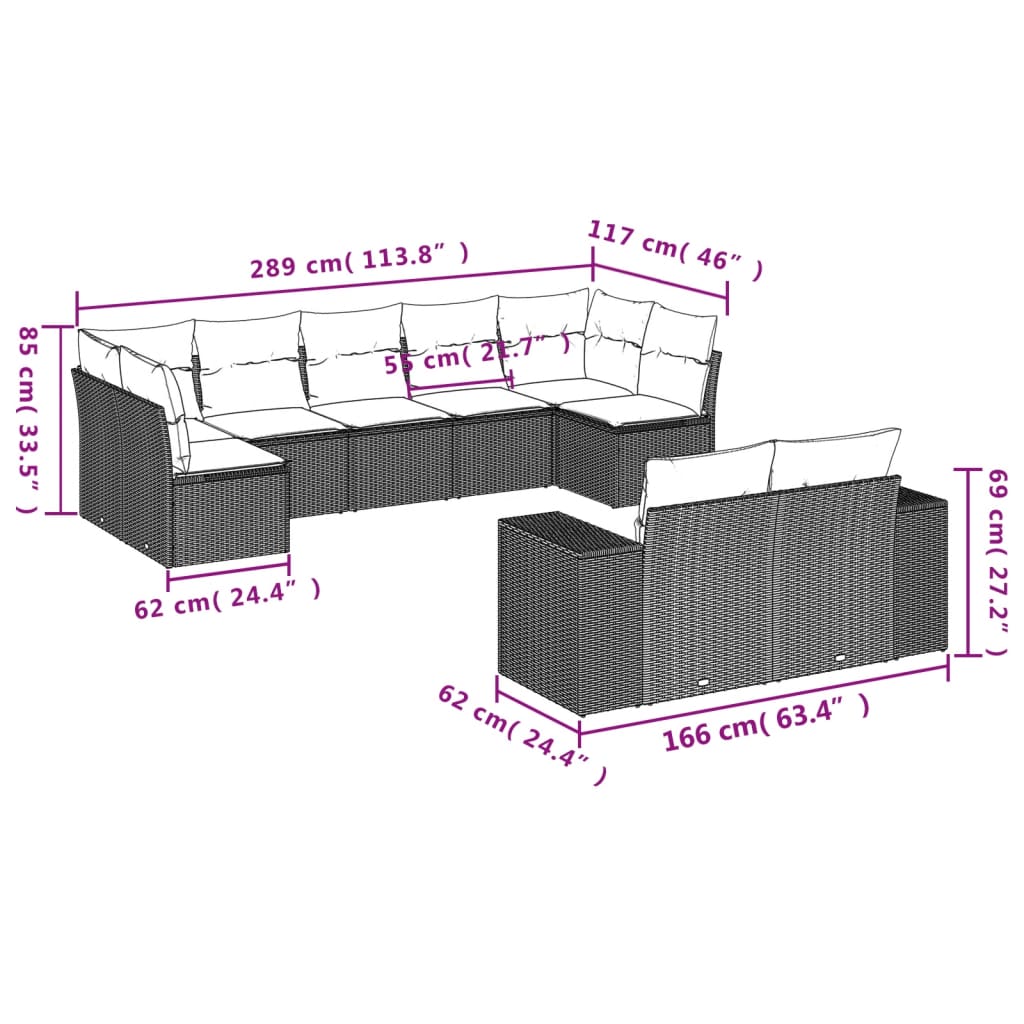 vidaXL 9-delige Loungeset met kussens poly rattan bruin afbeelding