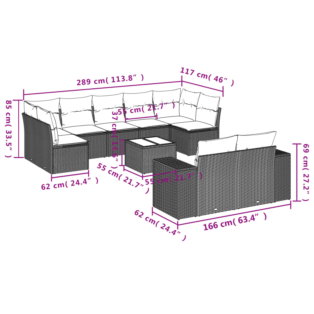 vidaXL 10-delige Loungeset met kussens poly rattan grijs