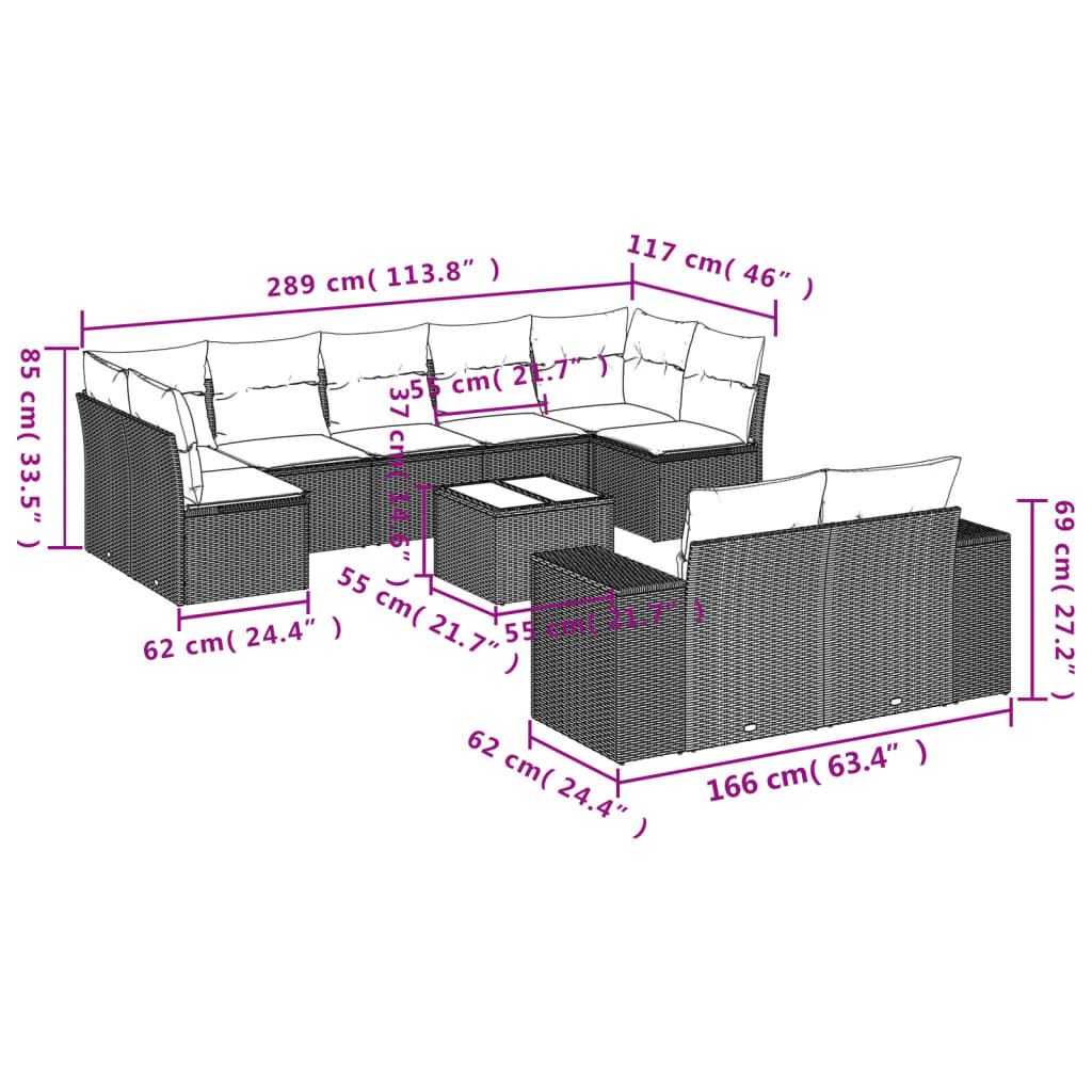 vidaXL 10-delige Loungeset met kussens poly rattan bruin