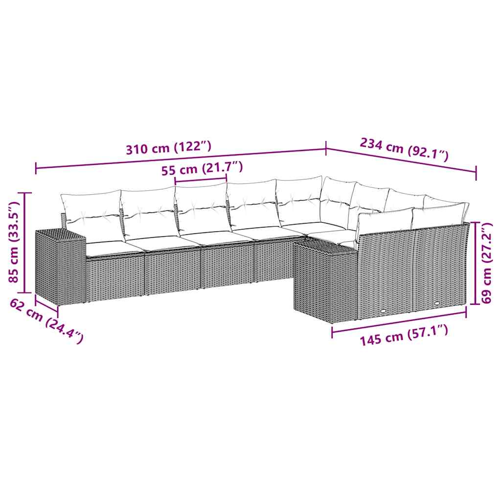 Set mobilier de grădină cu perne, 9 piese, negru, poliratan 3255373 - imagine 3