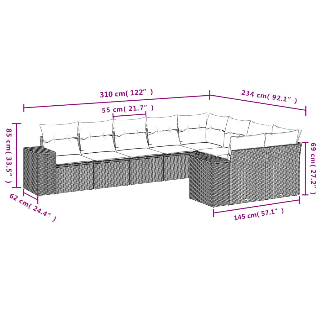 vidaXL 9-delige Loungeset met kussens poly rattan grijs afbeelding