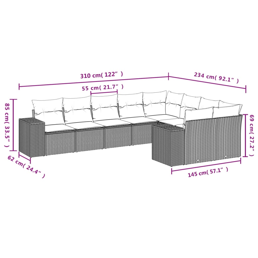 vidaXL 9-delige Loungeset met kussens poly rattan lichtgrijs afbeelding