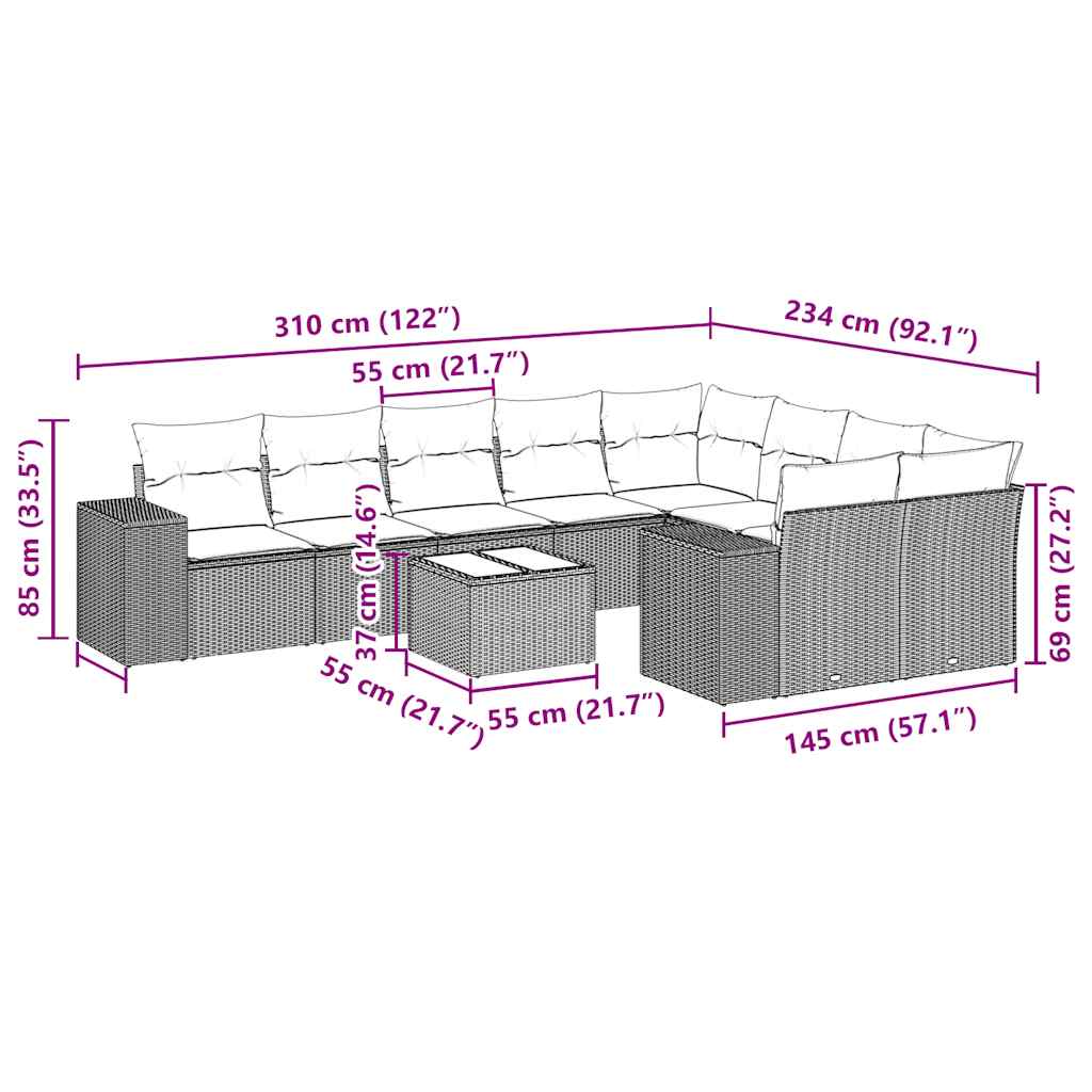 Set canapele de grădină cu perne, 10 piese, negru, poliratan 3255383 - imagine 3