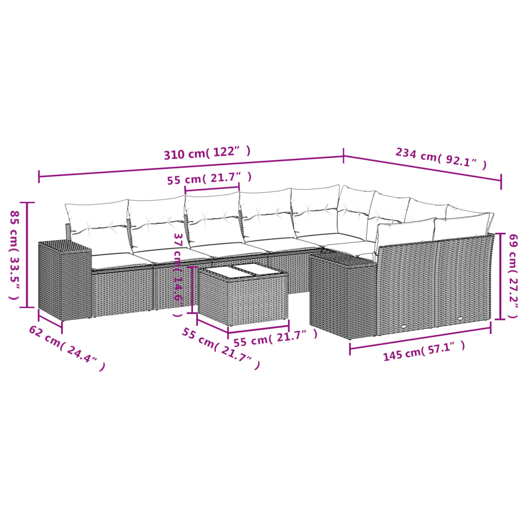 Set canapele de grădină cu perne, 10 piese, bej, poliratan 3255386 - imagine 3