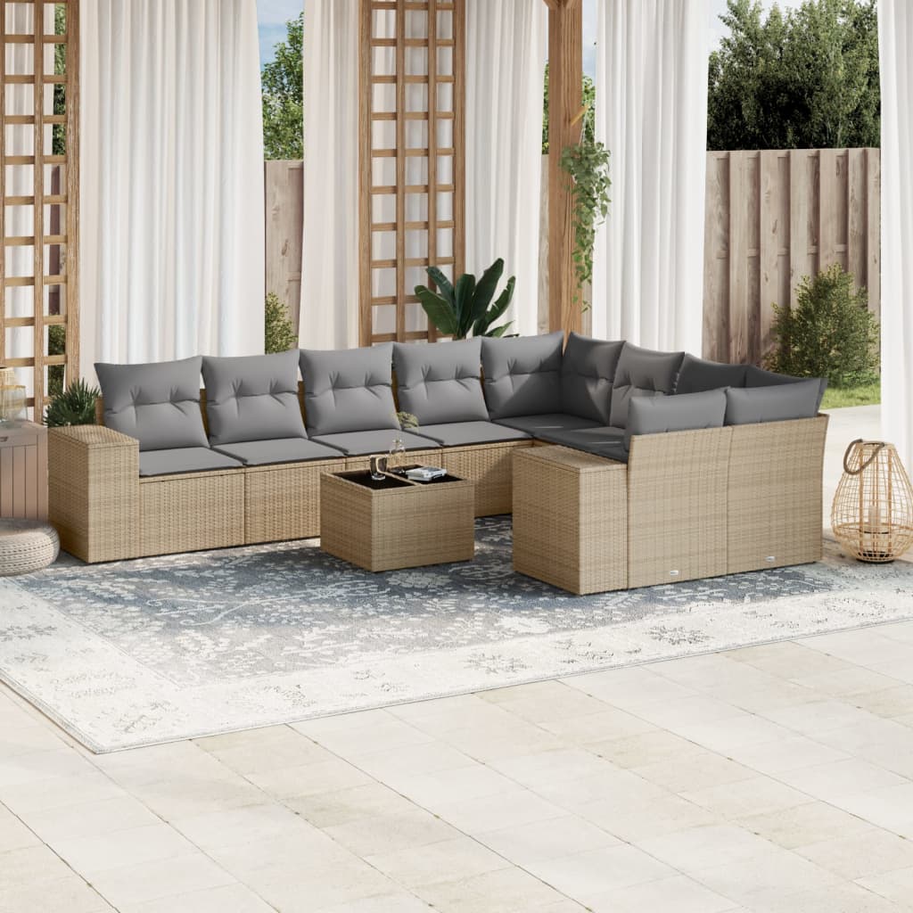 vidaXL 10-tlg. Garten-Sofagarnitur mit Kissen Beige Poly Rattan