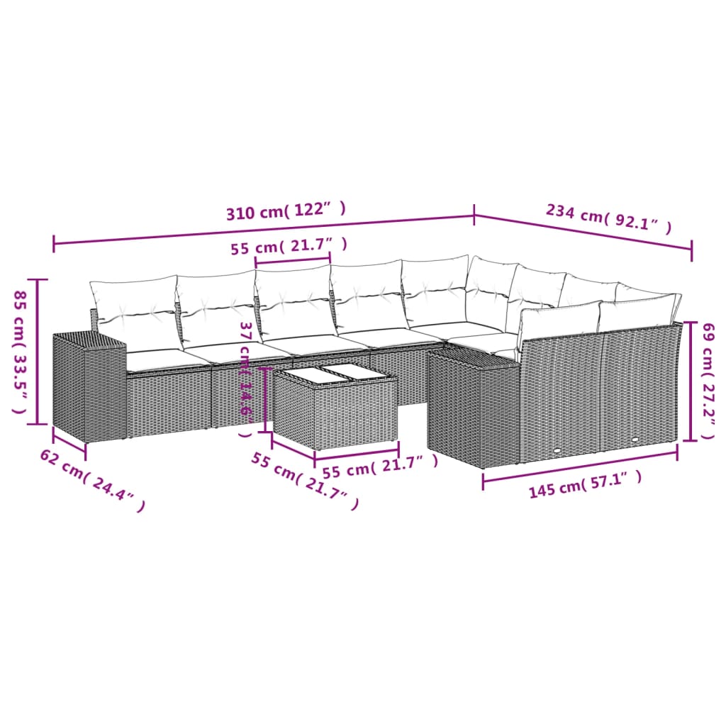 Set mobilier de grădină cu perne, 10 piese, gri, poliratan 3255387 - imagine 3
