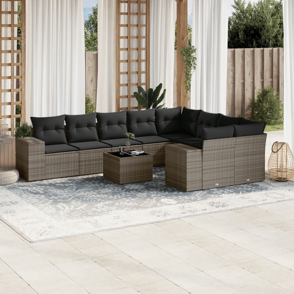 vidaXL 10-tlg. Garten-Sofagarnitur mit Kissen Grau Poly Rattan