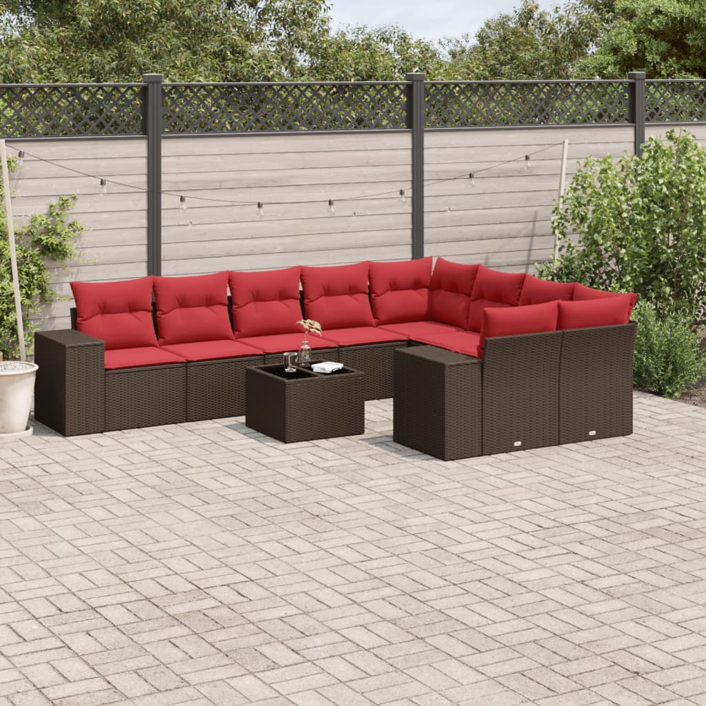 10 Piece Patio Sofa Set with Cushions Brown Poly Rattan