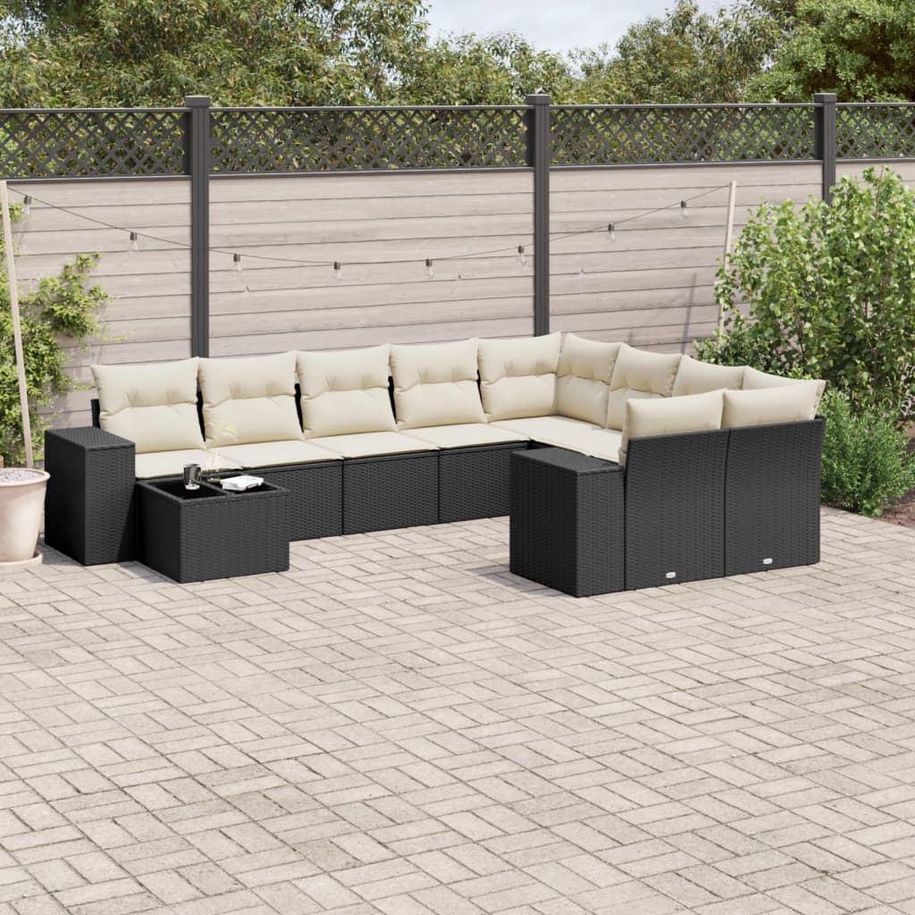 vidaXL 10-tlg. Garten-Sofagarnitur mit Kissen Schwarz Poly Rattan