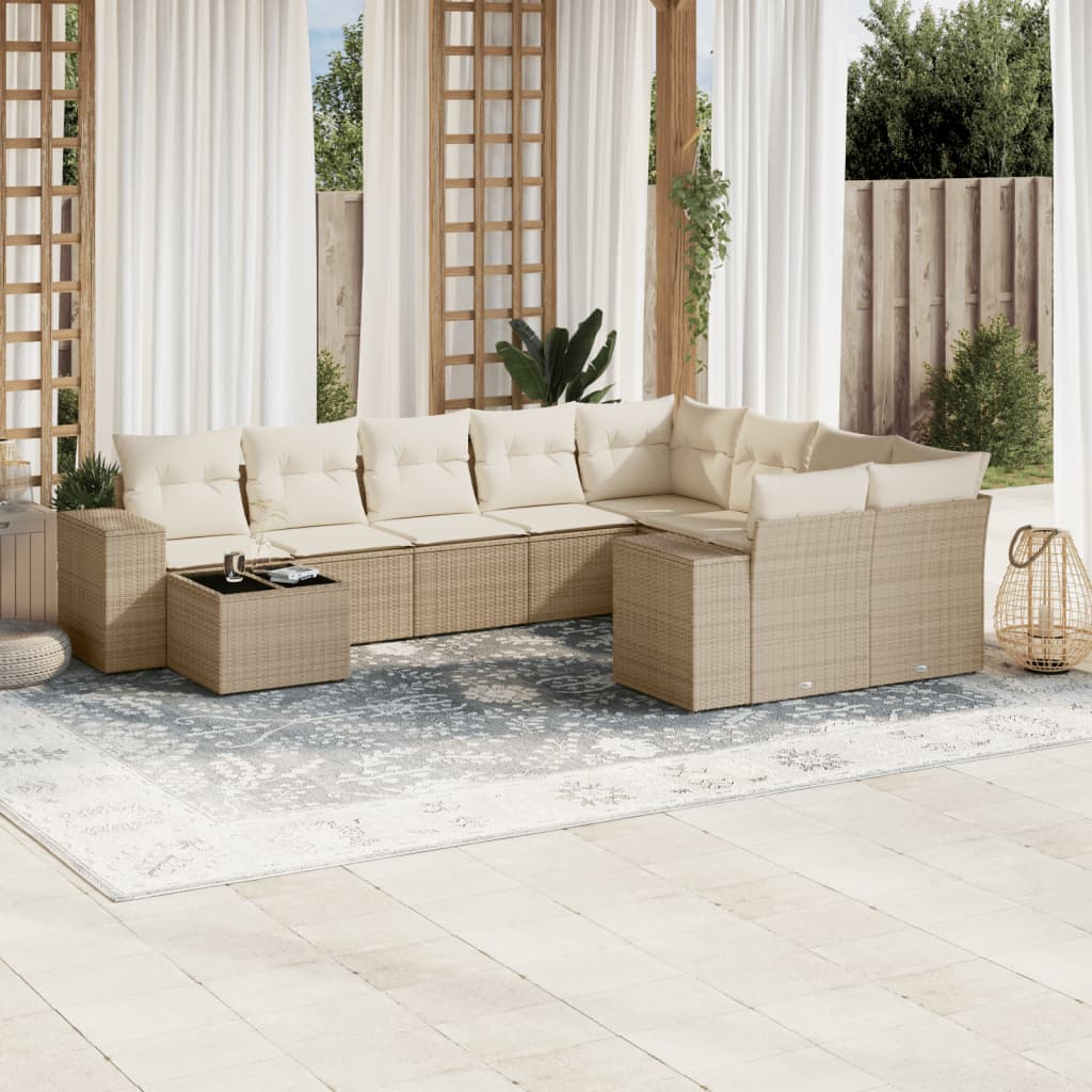 vidaXL 10-tlg. Garten-Sofagarnitur mit Kissen Beige Poly Rattan