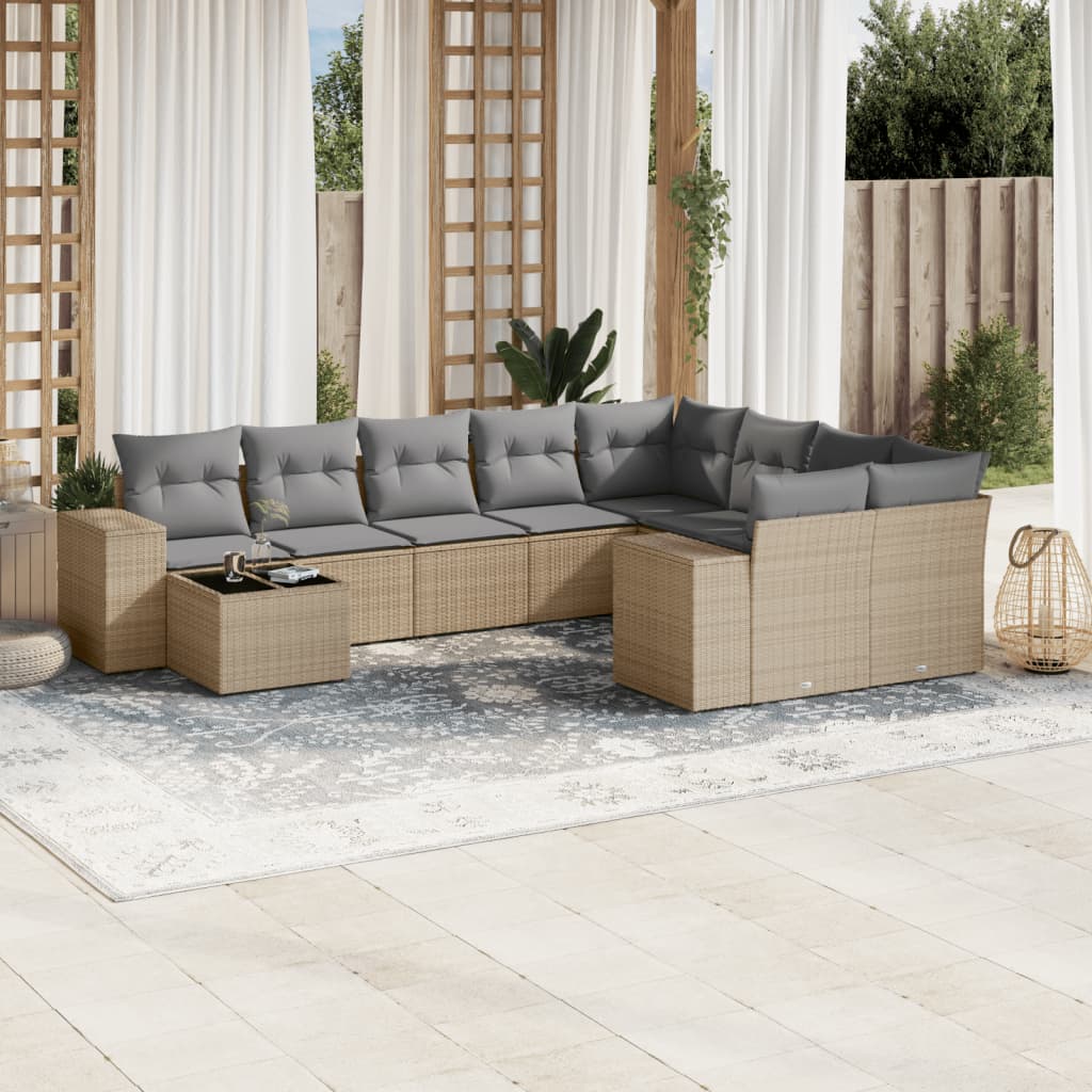 vidaXL 10-tlg. Garten-Sofagarnitur mit Kissen Beige Poly Rattan