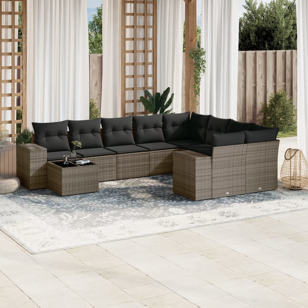 vidaXL 10-tlg. Garten-Sofagarnitur mit Kissen Grau Poly Rattan