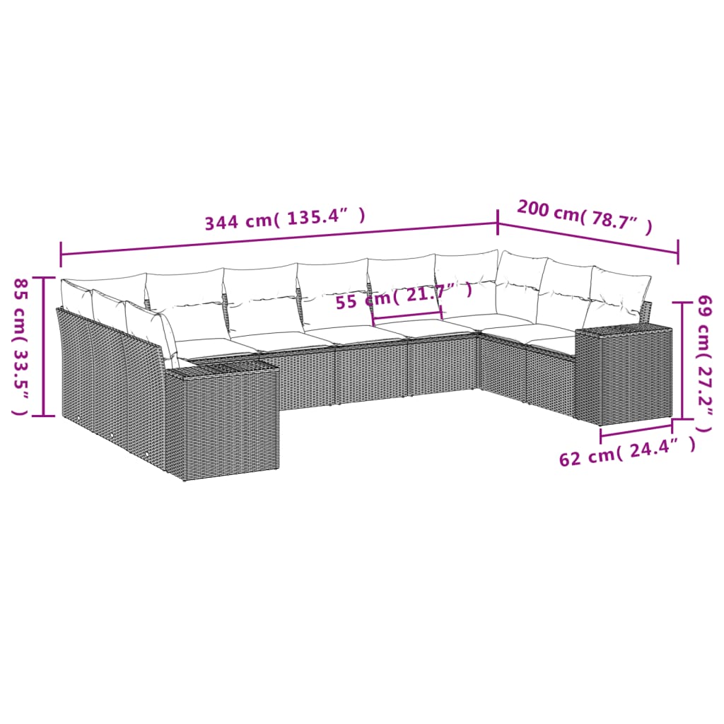 vidaXL 10-delige Loungeset met kussens poly rattan zwart afbeelding