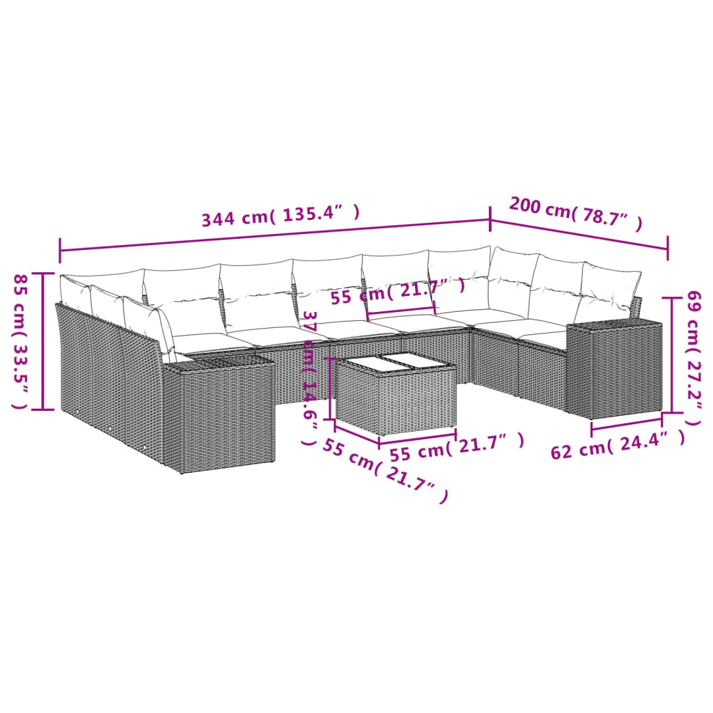 vidaXL 11-delige Loungeset met kussens poly rattan zwart afbeelding