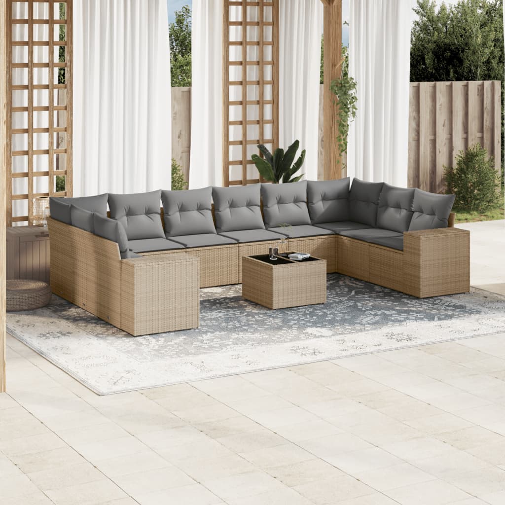 vidaXL 11-tlg. Garten-Sofagarnitur mit Kissen Beige Poly Rattan