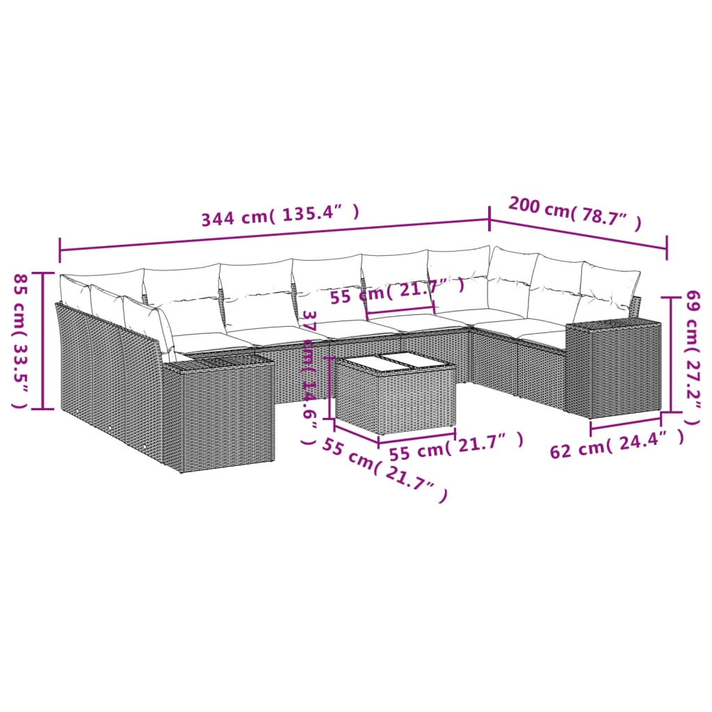 vidaXL 11-delige Loungeset met kussens poly rattan bruin