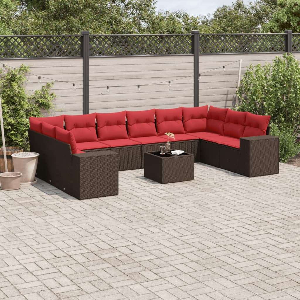 11 Piece Patio Sofa Set with Cushions Brown Poly Rattan