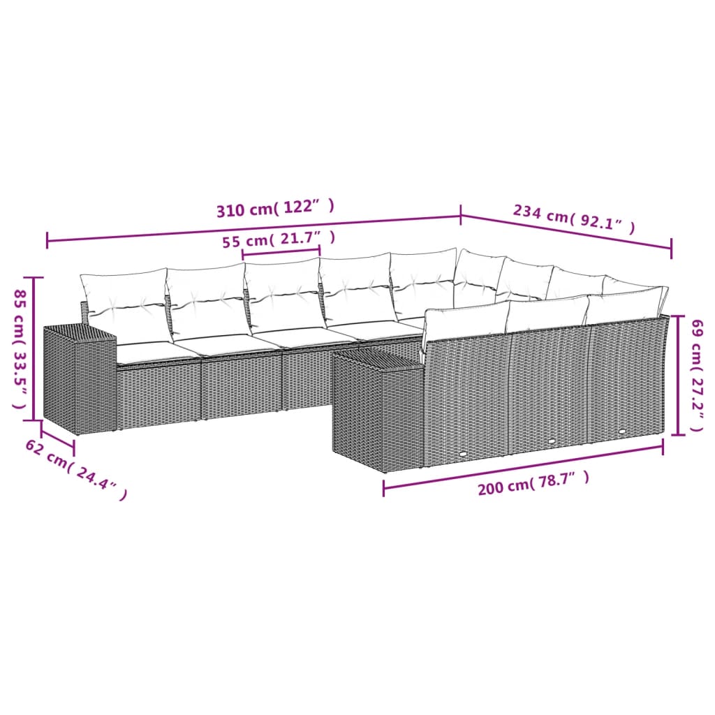 Set canapele de grădină cu perne, 10 piese, negru, poliratan 3255422 - imagine 3