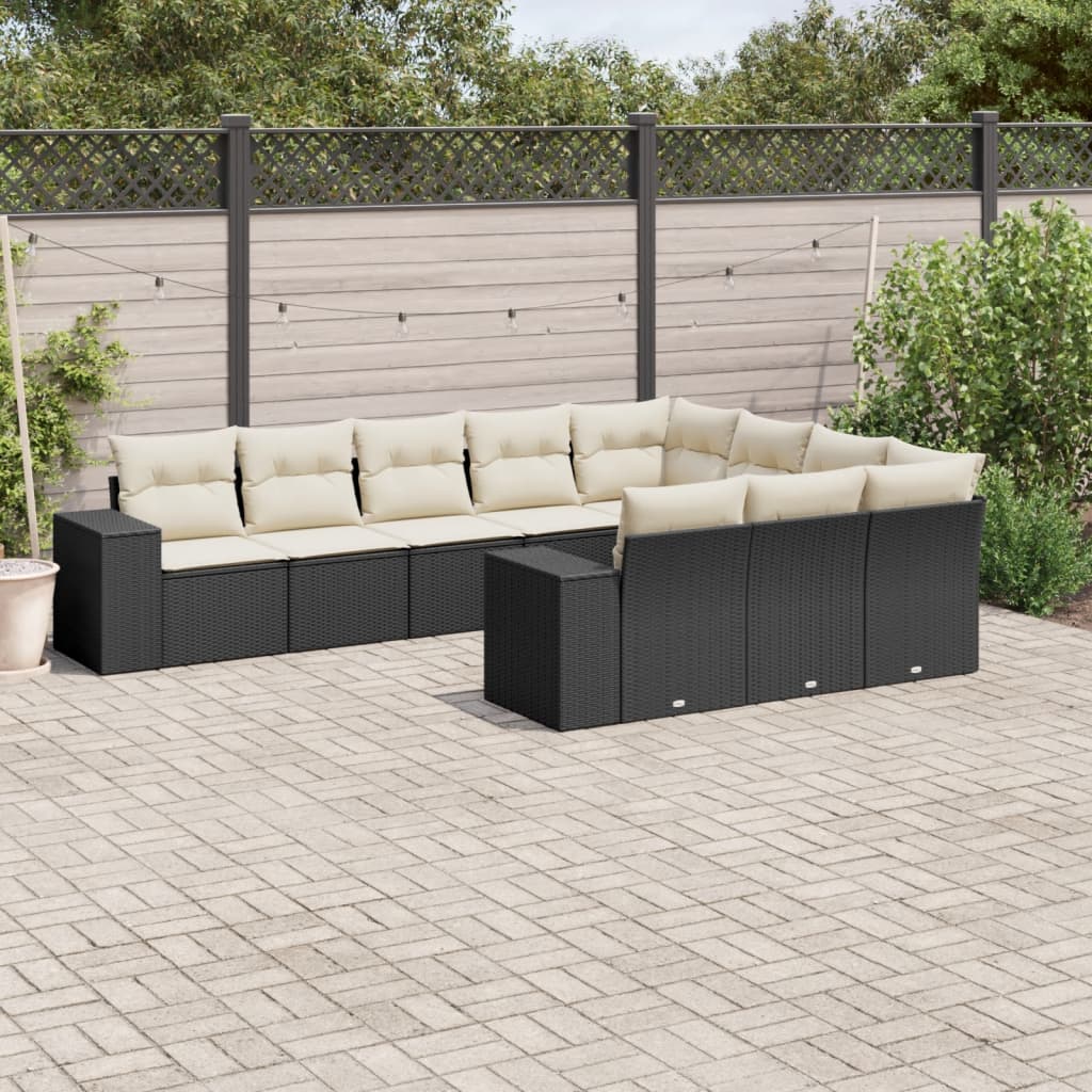 vidaXL 10-tlg. Garten-Sofagarnitur mit Kissen Schwarz Poly Rattan