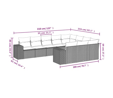 vidaXL 10 pcs conjunto de sof&aacute;s p/ jardim com almofad&otilde;es vime PE bege