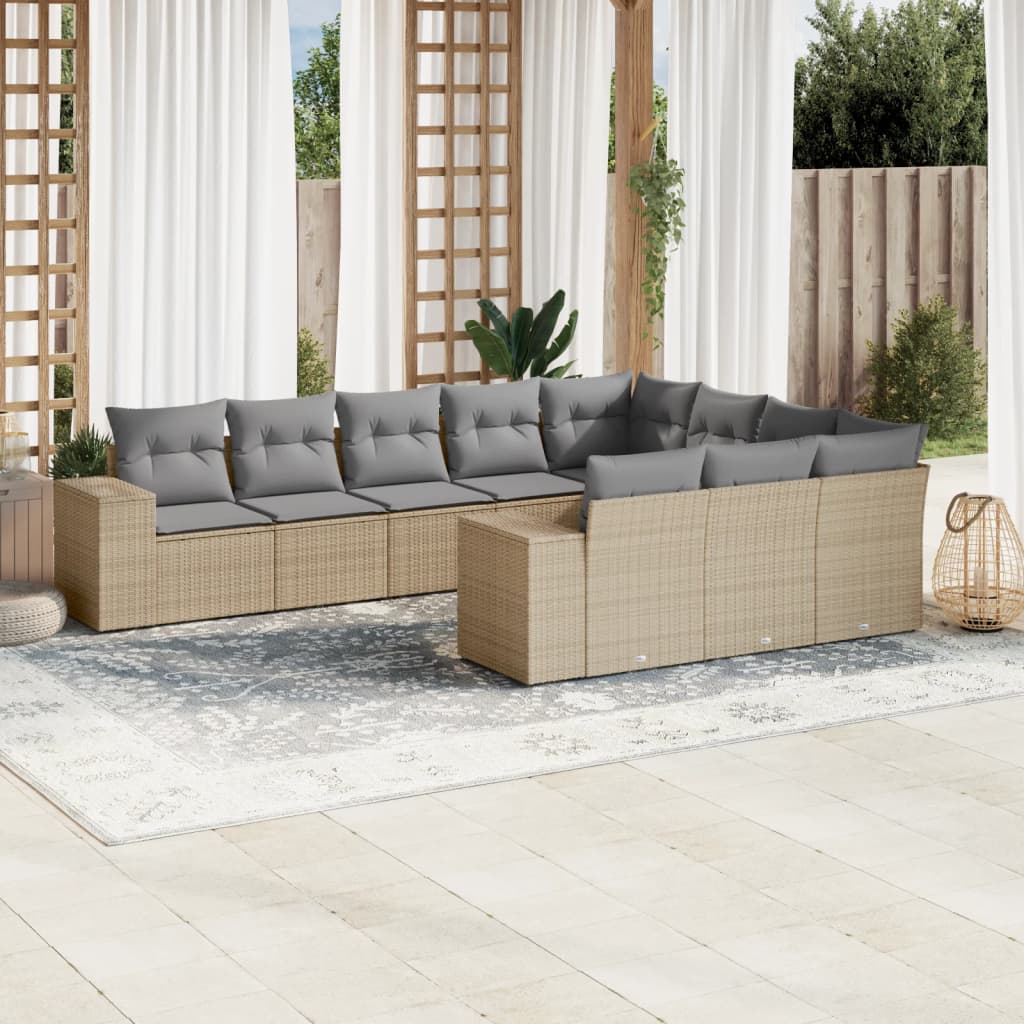 vidaXL 10-tlg. Garten-Sofagarnitur mit Kissen Beige Poly Rattan