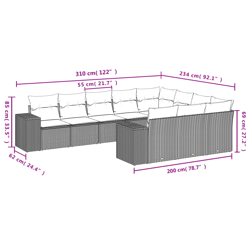 vidaXL 10-delige Loungeset met kussens poly rattan bruin