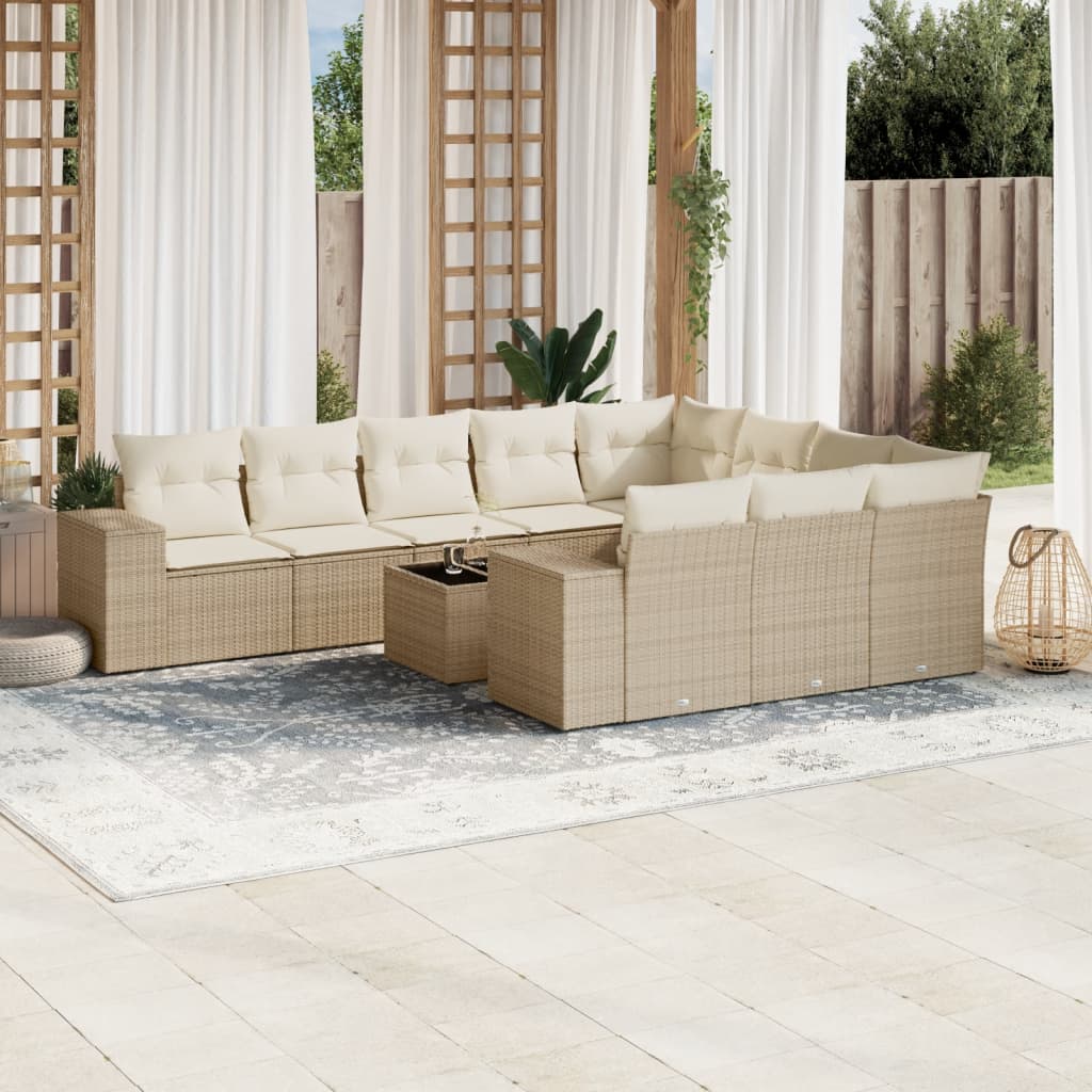 vidaXL 11-tlg. Garten-Sofagarnitur mit Kissen Beige Poly Rattan