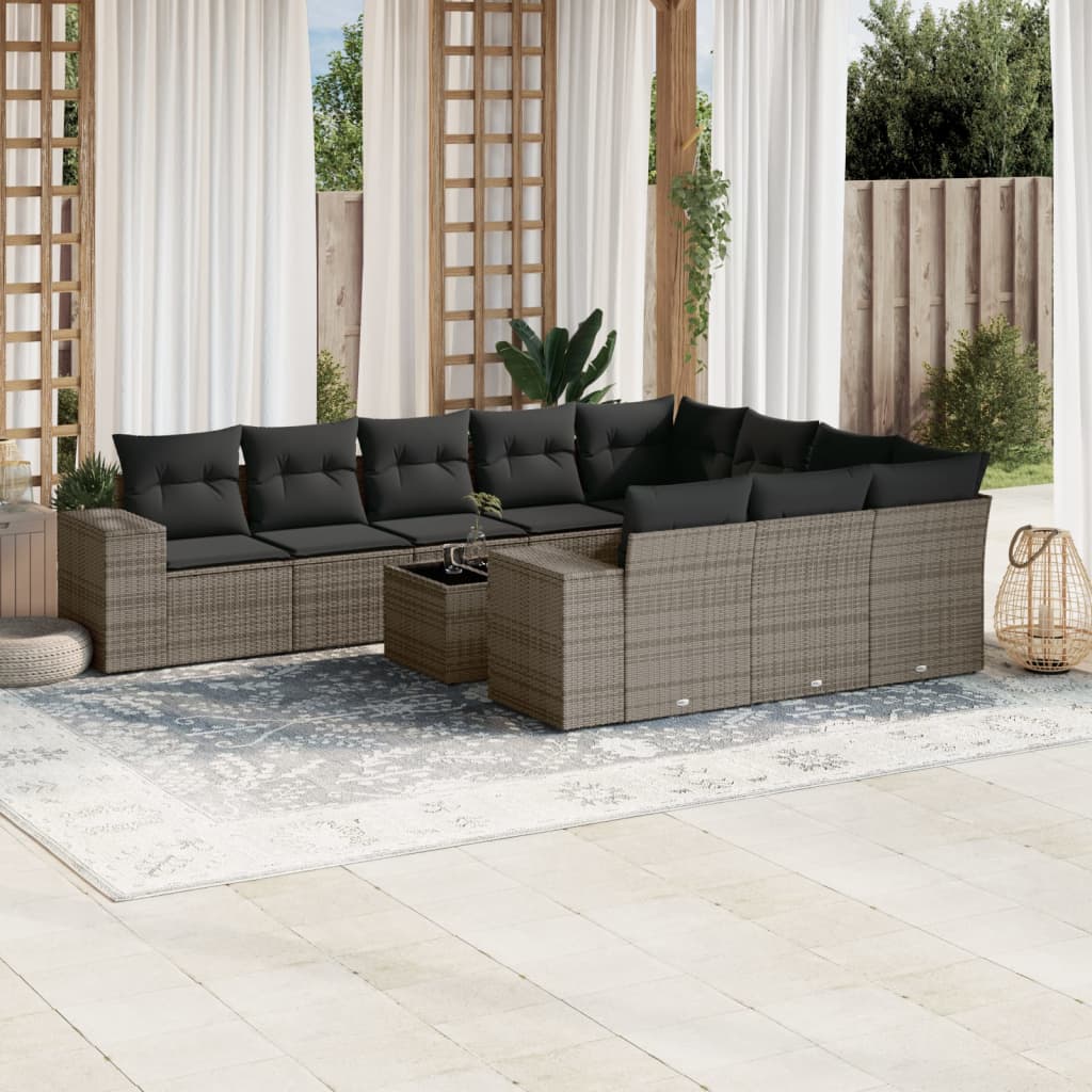 vidaXL 11-tlg. Garten-Sofagarnitur mit Kissen Grau Poly Rattan