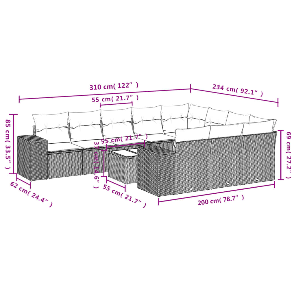 vidaXL 11-delige Loungeset met kussens poly rattan bruin