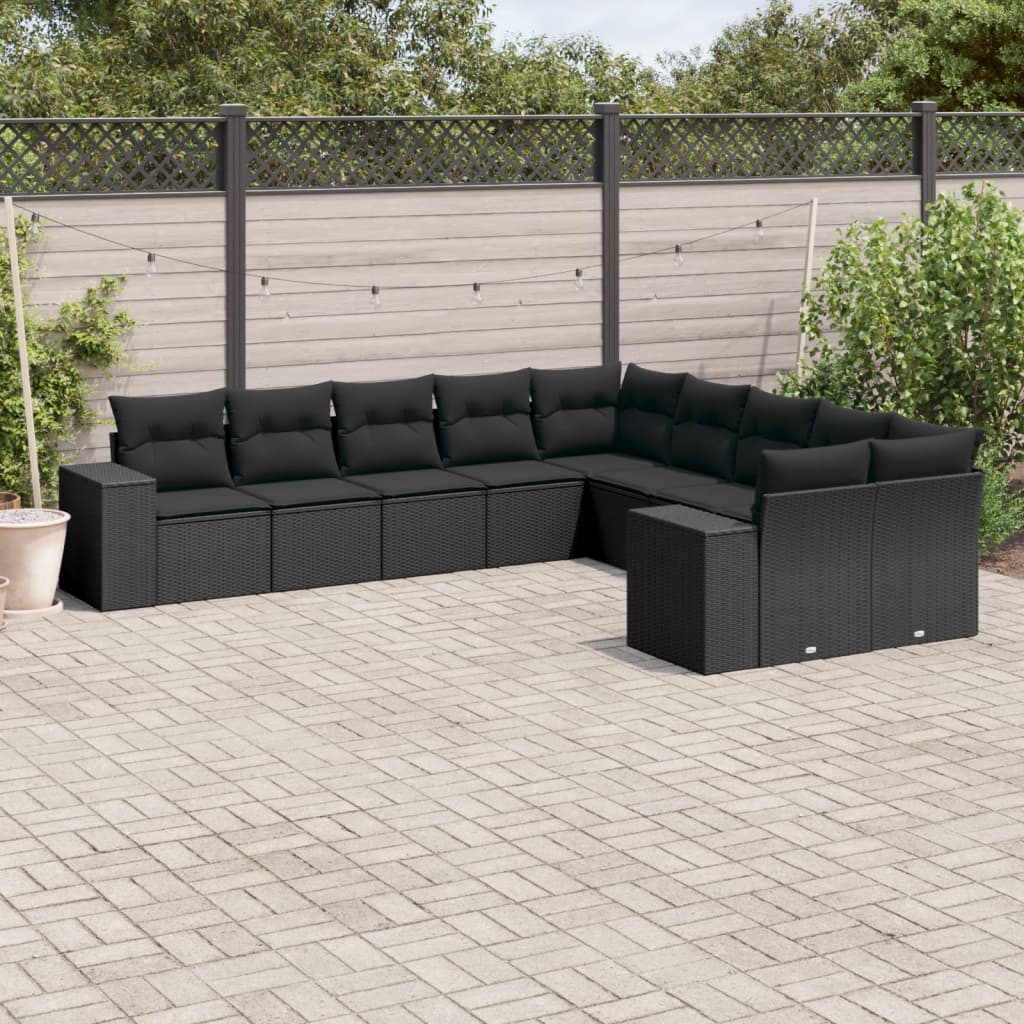 vidaXL 10-tlg. Garten-Sofagarnitur mit Kissen Schwarz Poly Rattan