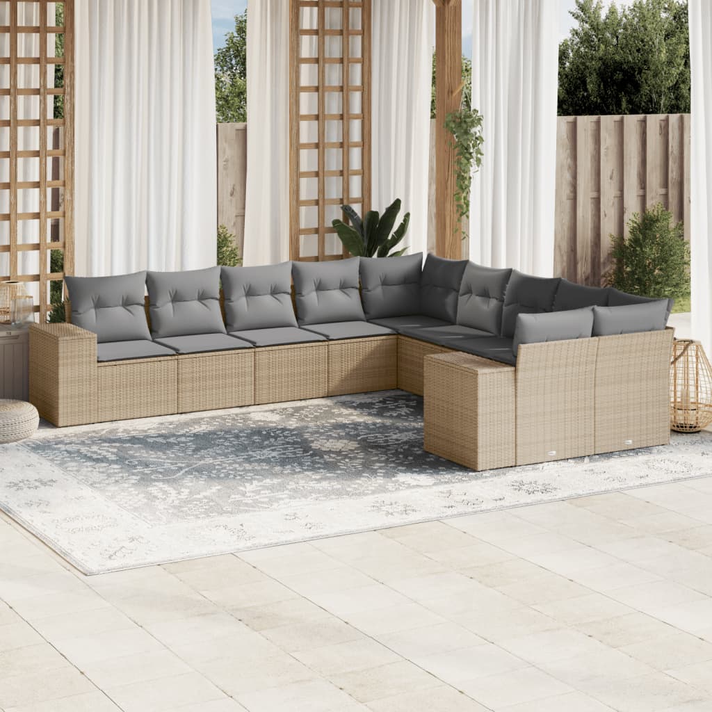 vidaXL 10-tlg. Garten-Sofagarnitur mit Kissen Beige Poly Rattan