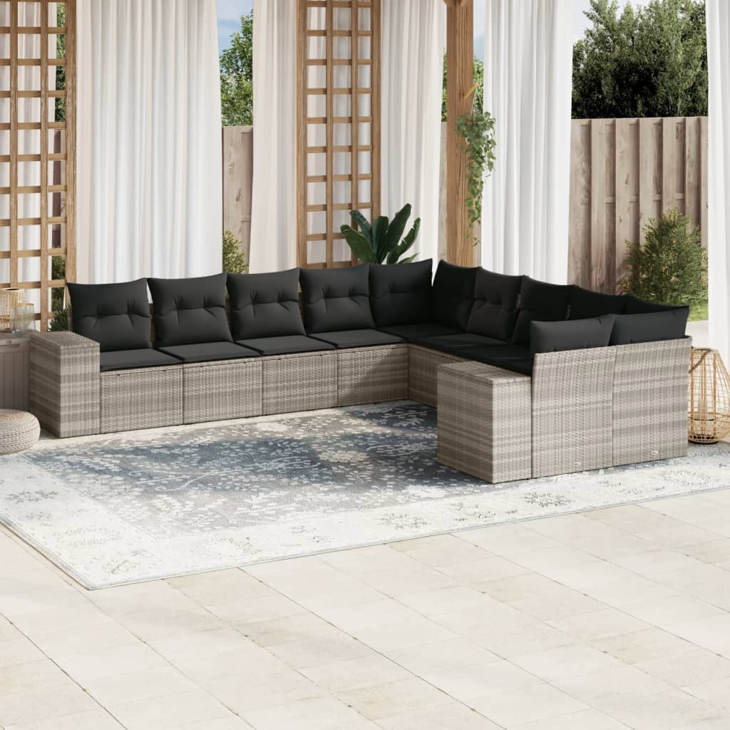 vidaXL 10-tlg. Garten-Sofagarnitur mit Kissen Hellgrau Poly Rattan