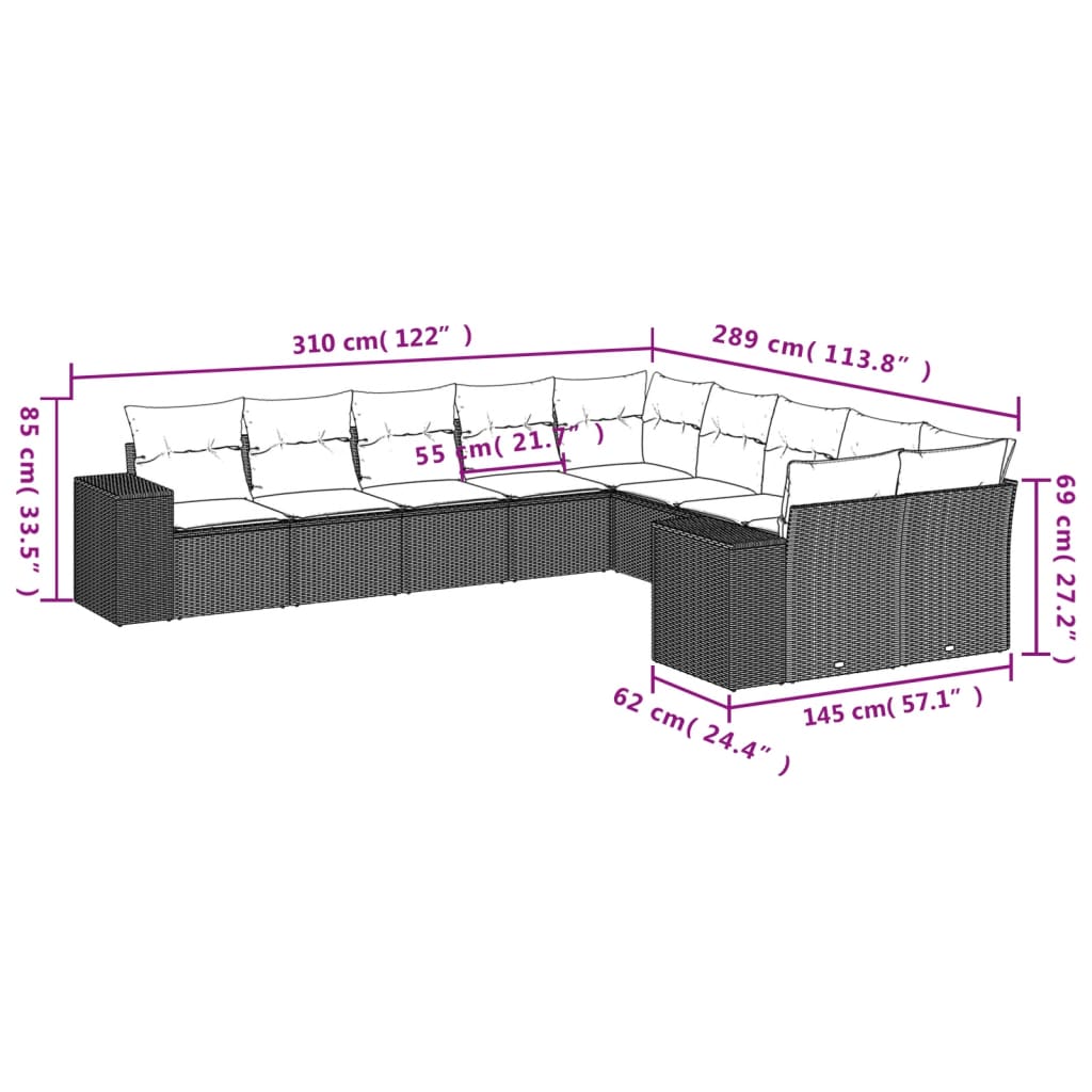 vidaXL 10-delige Loungeset met kussens poly rattan bruin